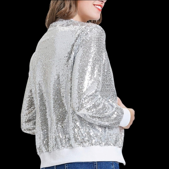 KANCY KOLE Silver Sequin Casual Long Sleeve Party Bomber Jacket Size Large NWT!! - Picture 3 of 7